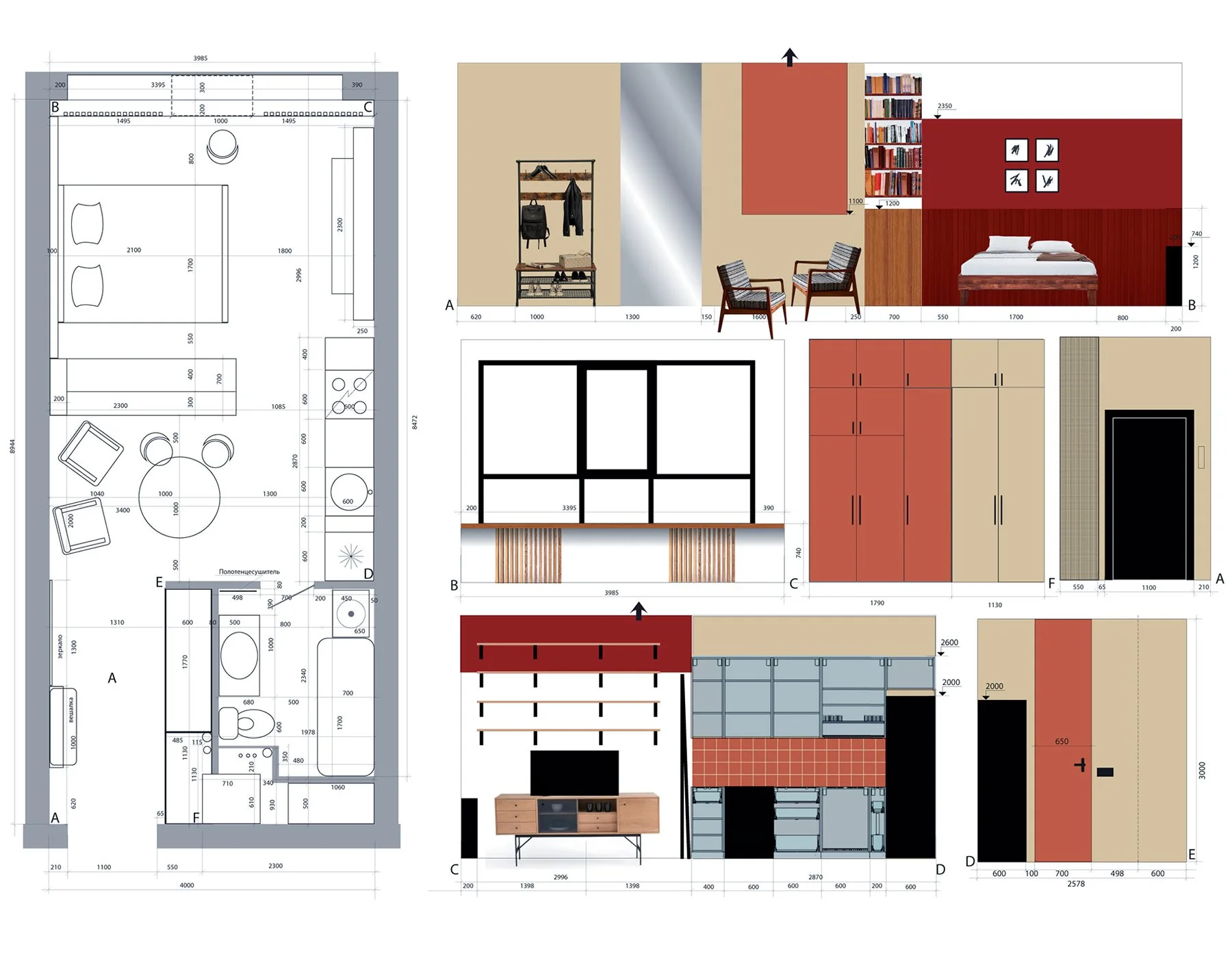 Studio apartment floor plan and wall elevations — Interior Design Muuran Tampere