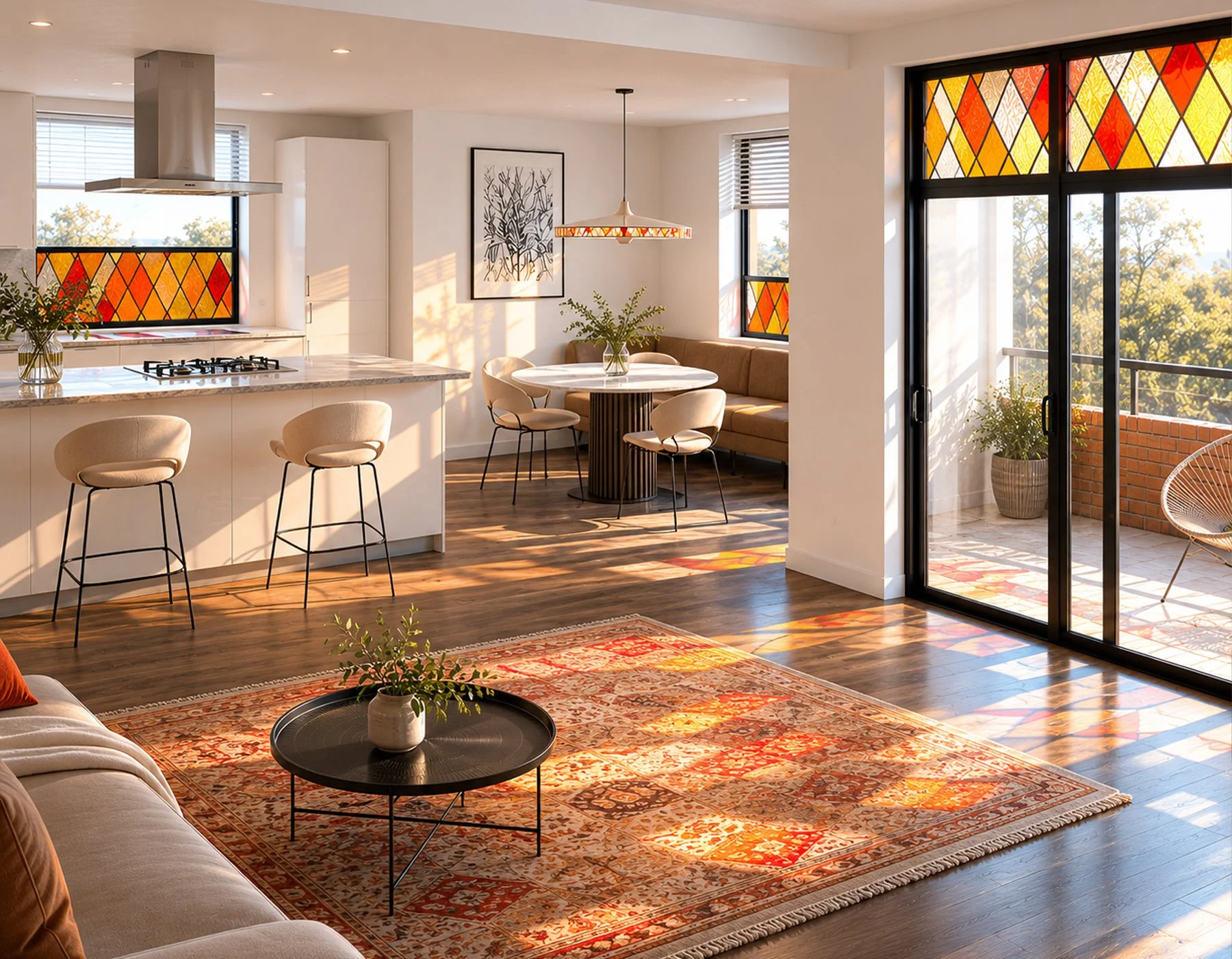 Open plan kitchen and living room with stained glass, Netherlands — Interior Design Tampere
