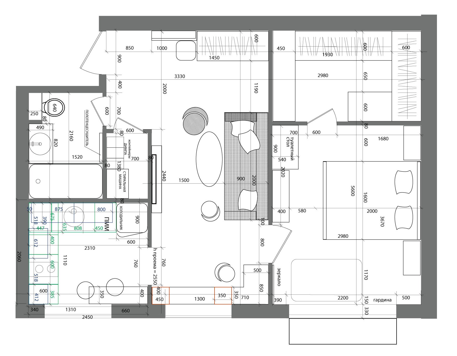 Two-room apartment floor plan and space planning — Interior Design Muuran Tampere