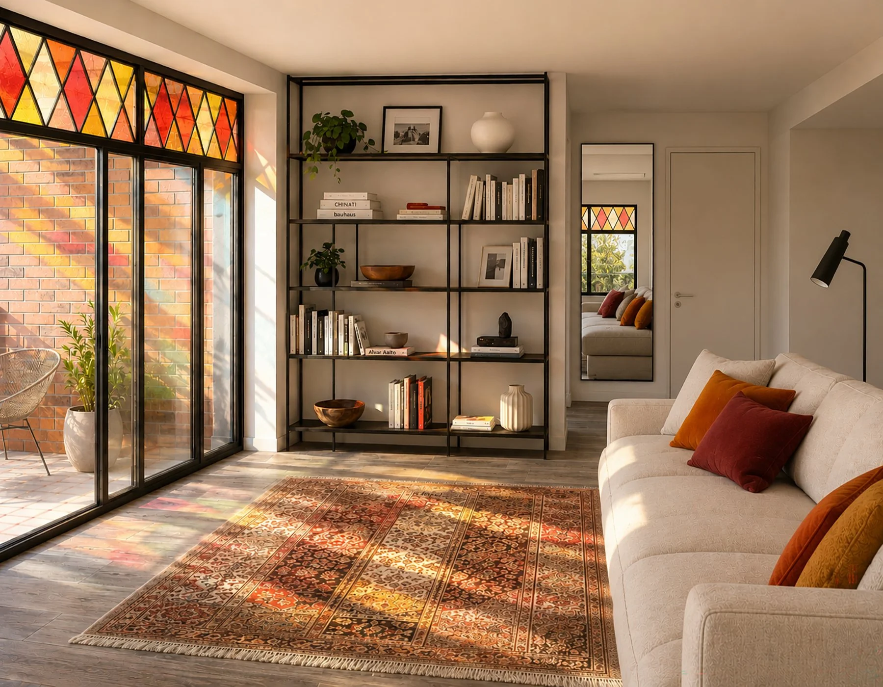 Living room with stained glass in warm colors, Netherlands — Interior Design Tampere