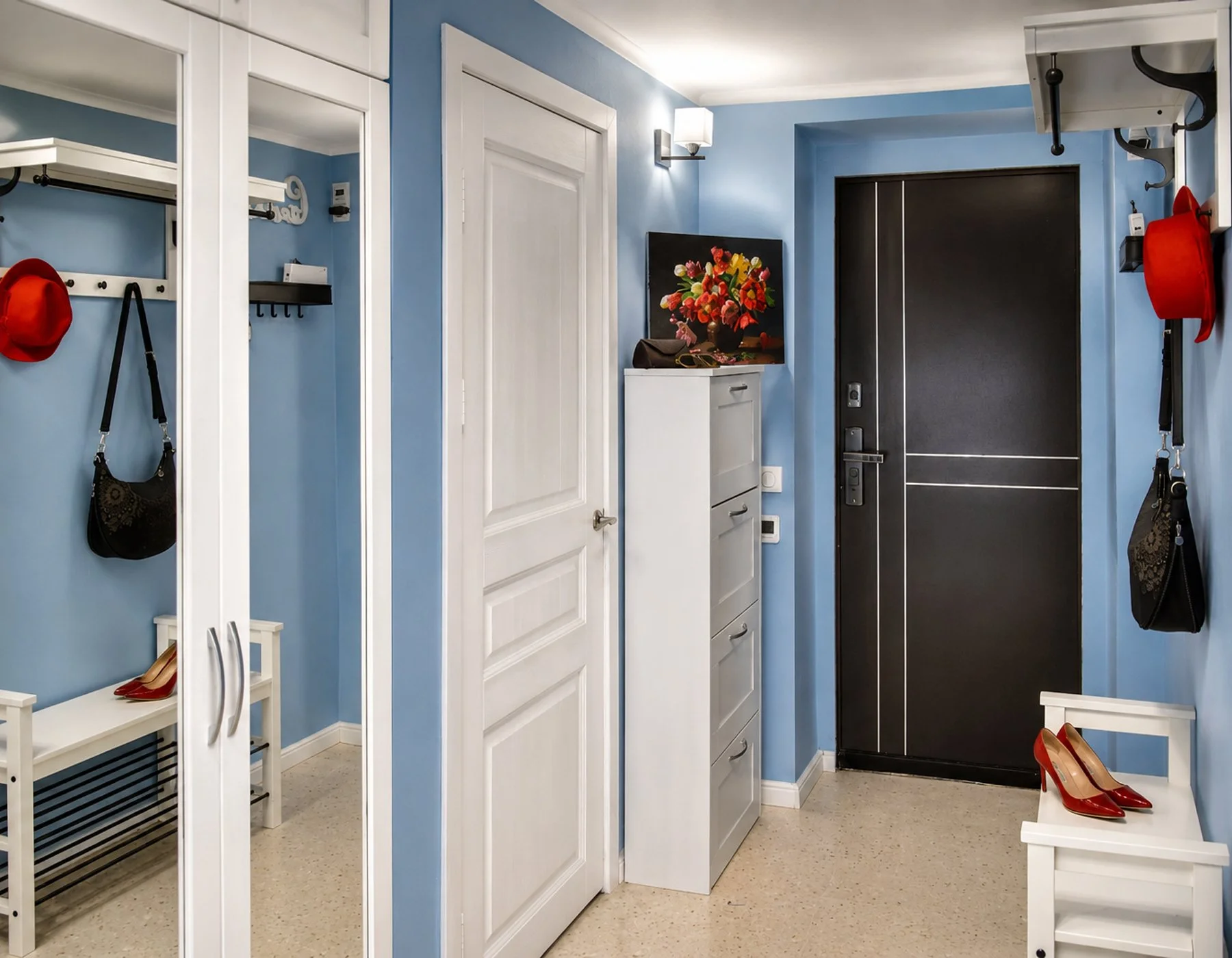 Hallway design in blue and white old house, Ikea — Interior Design Tampere