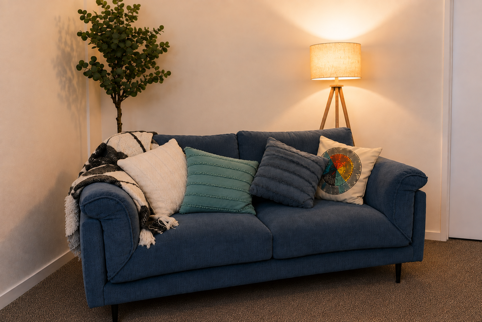 A blue sofa with five decorative pillows, a black and white blanket, and a green throw, in a living room with a standing lamp and potted plant.