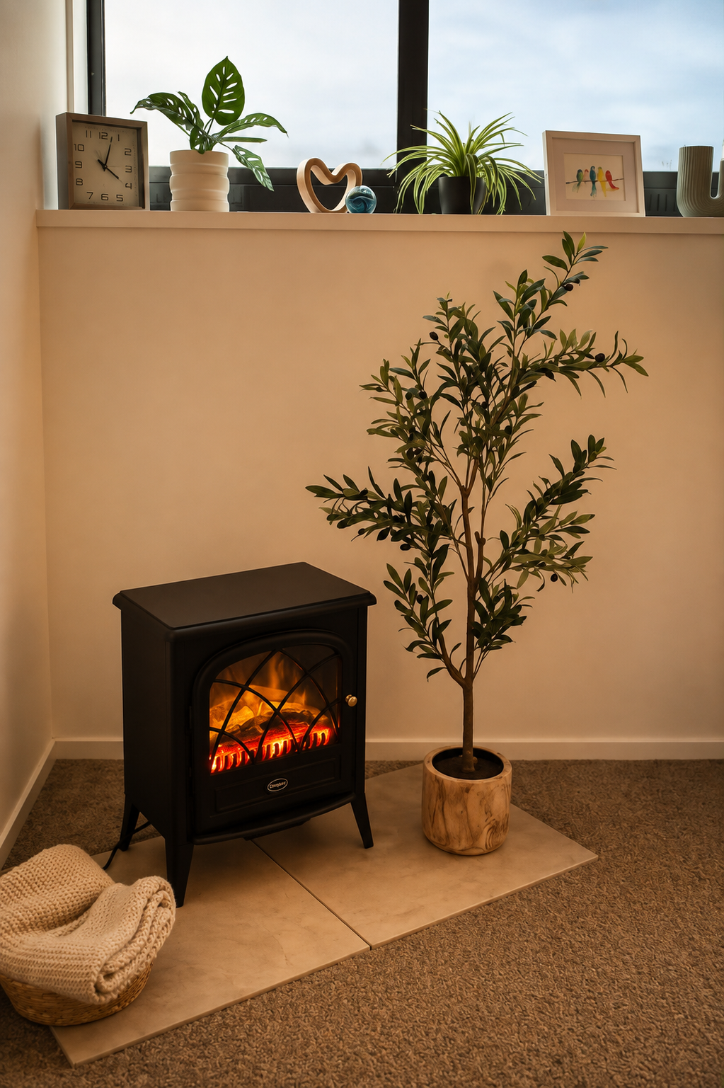 A cozy indoor corner with a small fake fireplace, potted plant, and decorative items on a windowsill.