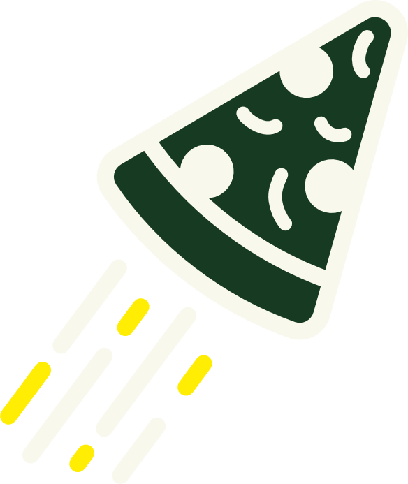 White pizza slice icon with four yellow dashed lines extending downward.