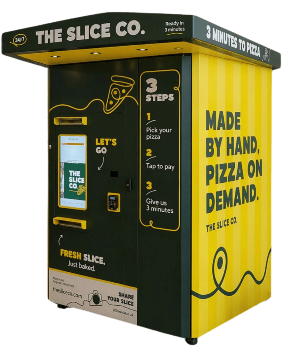 The Slice Co. 24/7 pizza vending machine with yellow exterior, ready-in-3-minutes ordering system, and card payment option.