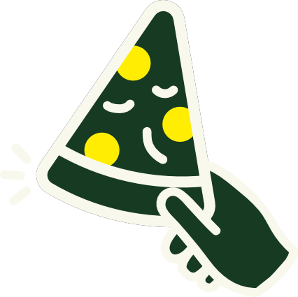 White outline hand gripping a pizza slice with yellow cheese toppings, accompanied by short motion lines suggesting a grabbing or picking-up action.