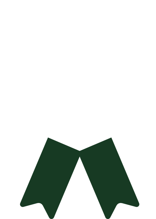 Two dark green ribbon shapes extending downward, forming the bottom portion of a badge.