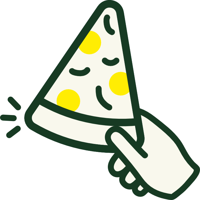 Hand holding a pizza slice with motion lines, conveying ease of access or convenient service availability.