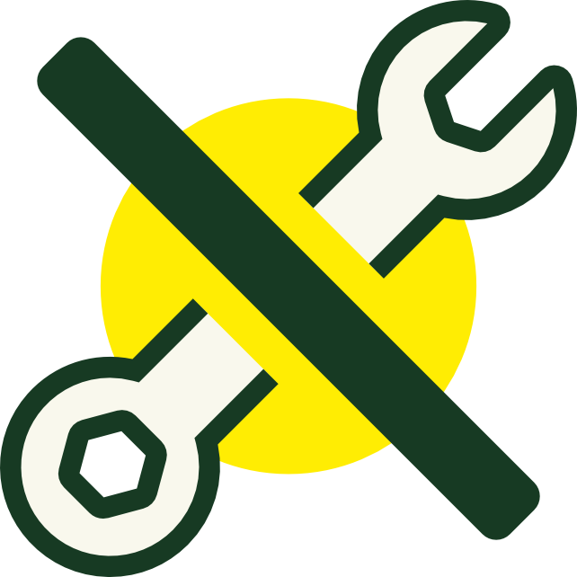 Wrench and screwdriver tools crossed with a dark green slash over a yellow circle, symbolizing hands-off maintenance or automated management.