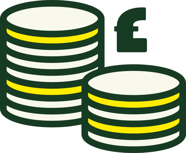Two stacked circular coins in green and yellow stripes with a pound sterling symbol, representing passive financial returns or revenue generation.