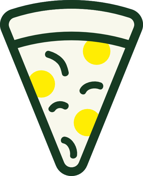 Pizza slice with yellow cheese topping in minimalist line art style.