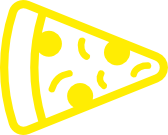 Yellow pizza slice with circular and curved toppings on a dark green background.