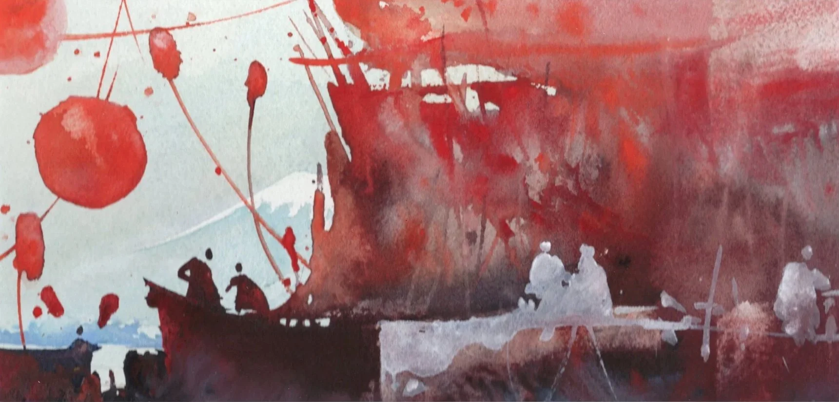 Peinture abstraite avec des couleurs rouges, blanches, et sombres représentant une scène maritime avec un bateau et des figures indistinctes.