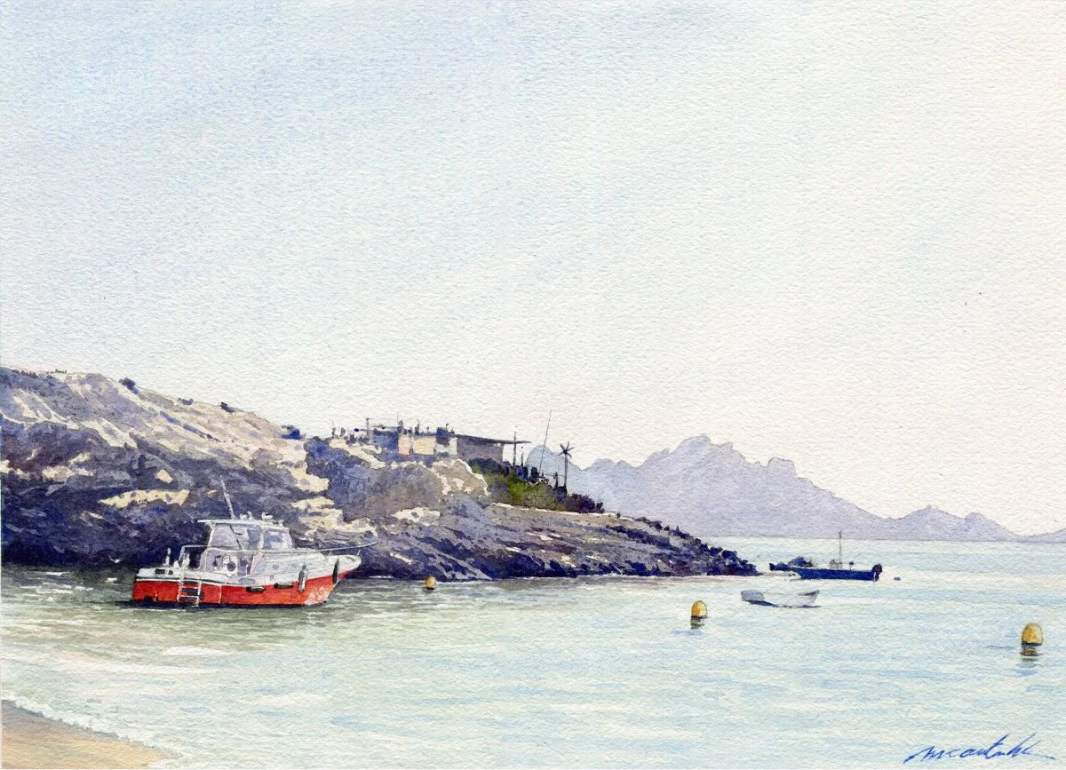 Massif des Calanques.
Le Cabanon & L'île de Riou depuis la plage de Marseilleveyre (1).

Aquarelle sur papier Arches 300g .
Format 36 * 26 cm - Avec PP 50 * 40 cm

Oeuvres originale et unique.
DISPONIBLE A LA VENTE
Avec Certificat d'authenticité