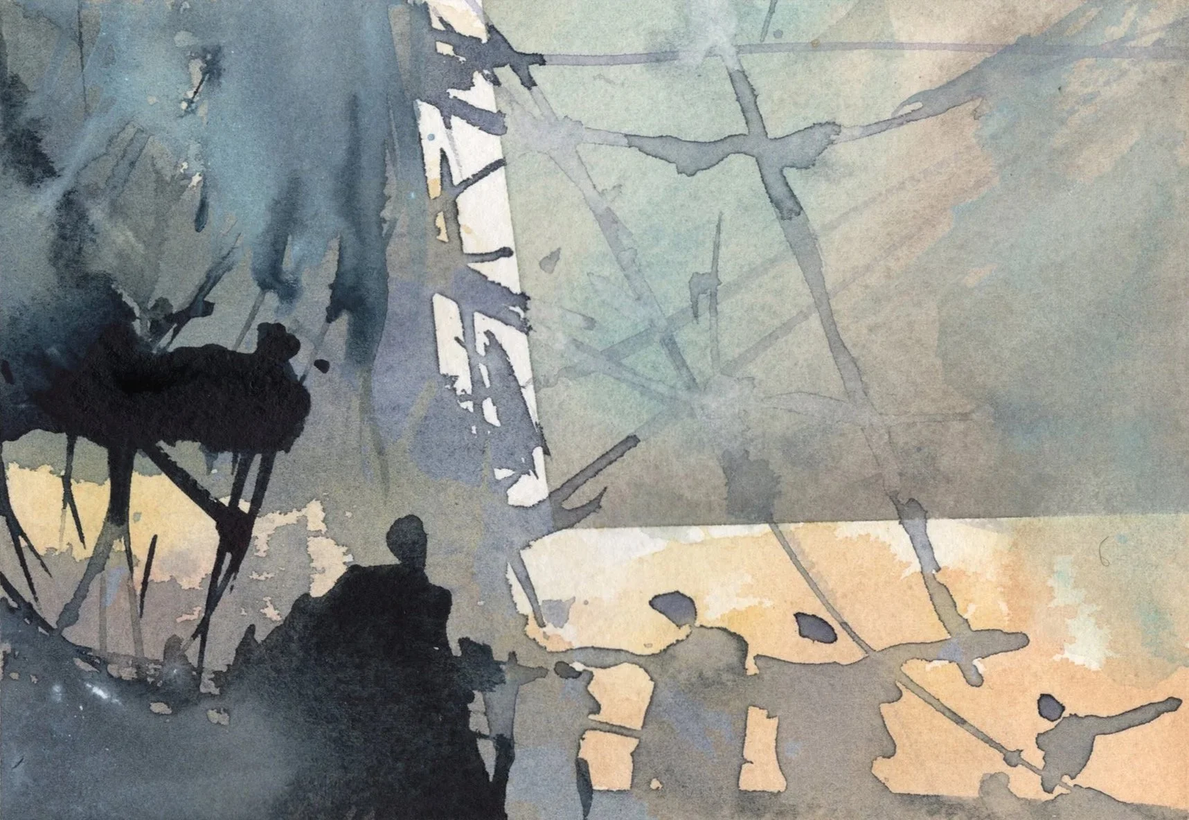 Une peinture abstraite aux couleurs pastel, représentant des silhouettes noires de personnes dans un environnement urbain ou industriel.