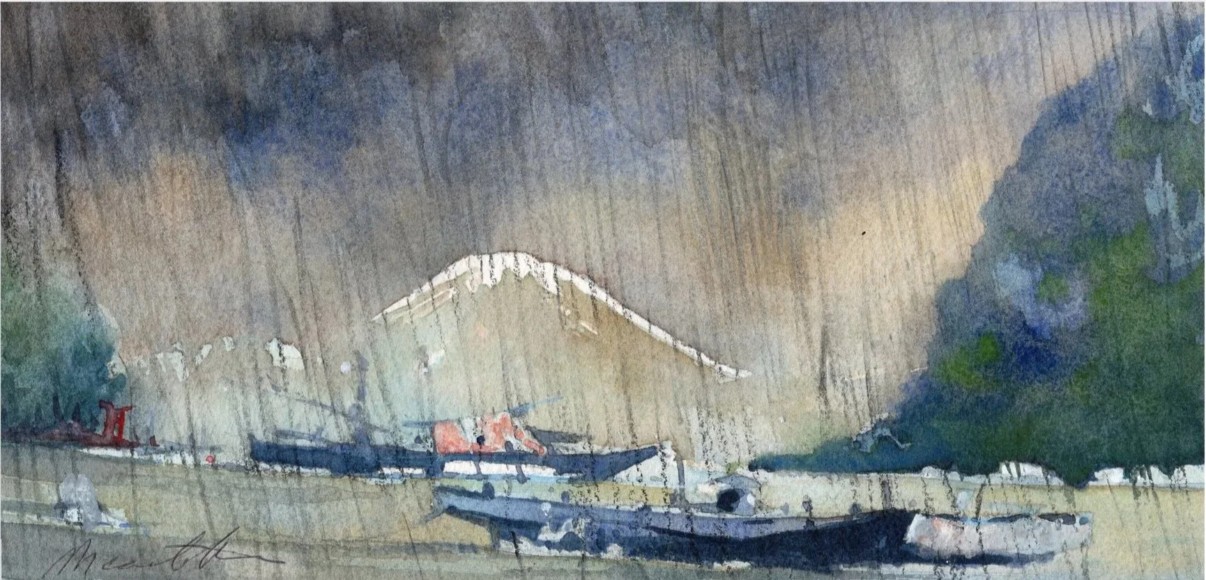 J002-Fuji.La pluie à Eda - Aquarelle 
