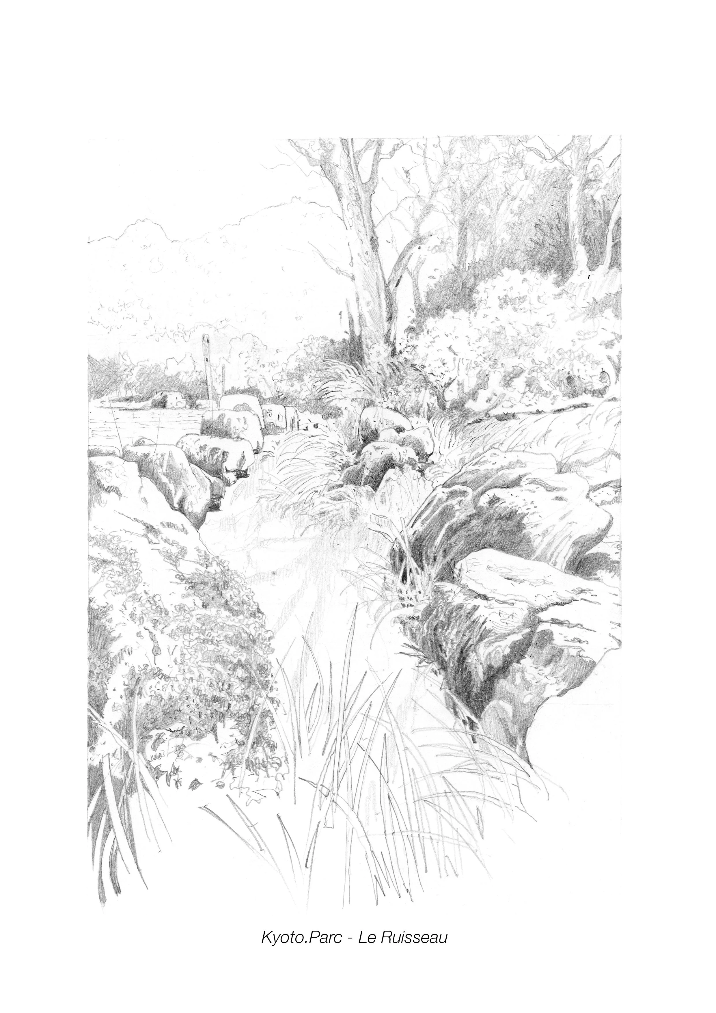 Un dessin en noir et blanc représentant une scène naturelle dans un parc à Kyoto, avec un ruisseau entouré de rochers, de jeunes arbres dénudés, de buissons et d'herbes grasses, sous un ciel clair