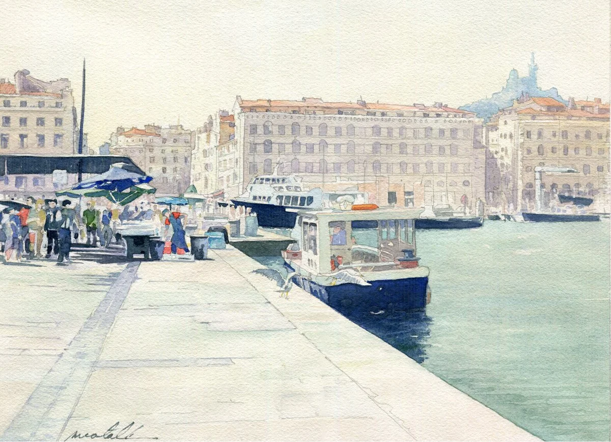 Le vieux port de Marseille.
Le matin / Marché aux poissons

Aquarelle sur papier Arches 300g 
Format 36 * 26 cm - Avec PP 50 * 40 cm

Oeuvres originale et unique.
DISPONIBLE A LA VENTE
Avec Certificat d'authenticité