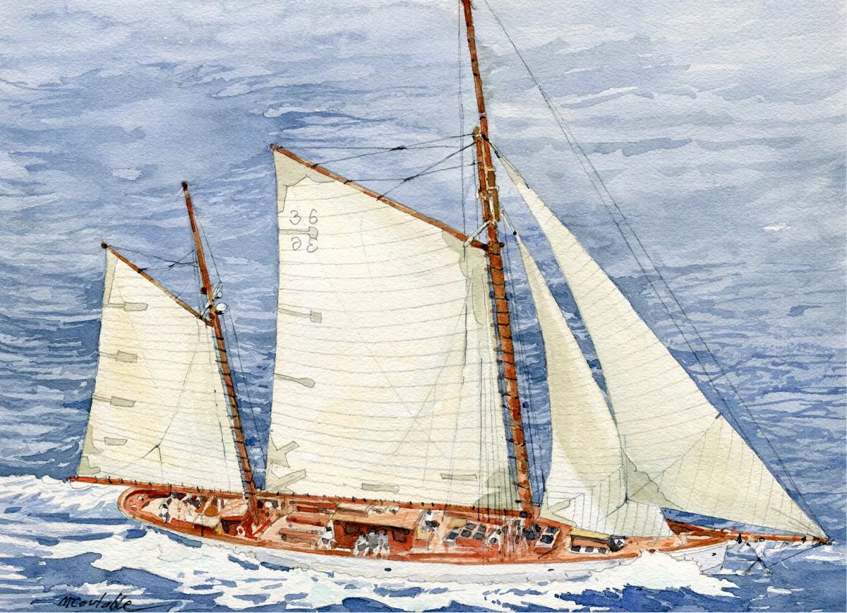 " Mettre les voiles  "  ( Survol de la Goélette ).

Aquarelle sur papier Arches 300g.
Format 26 *36 cm - Avec PP 40 *50 cm .

Oeuvre Originale & Unique.
VENDUE