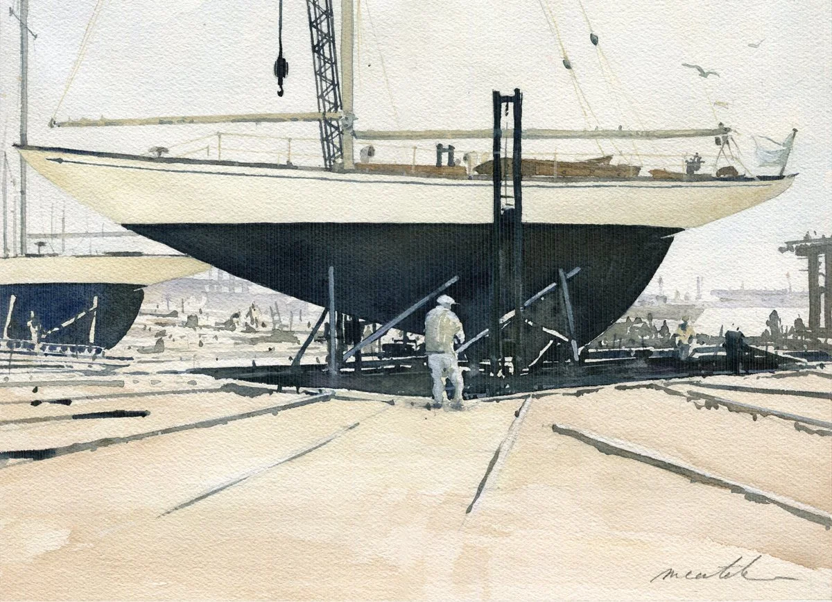 " Mettre les voiles  "  ( Goélette en Cale Séche )

Aquarelle sur papier Arches 300g.
Format 26 *36 cm - Avec PP 40 *50 cm.

Oeuvre Originale & Unique.
DISPONIBLE A LA VENTE
Avec certificat d'authenticité.
