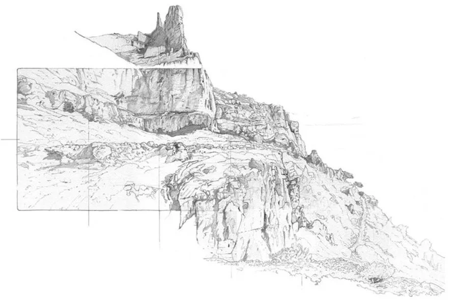 Esquisse d'une montagne avec des formations rocheuses escarpées et un sommet pointu au sommet.