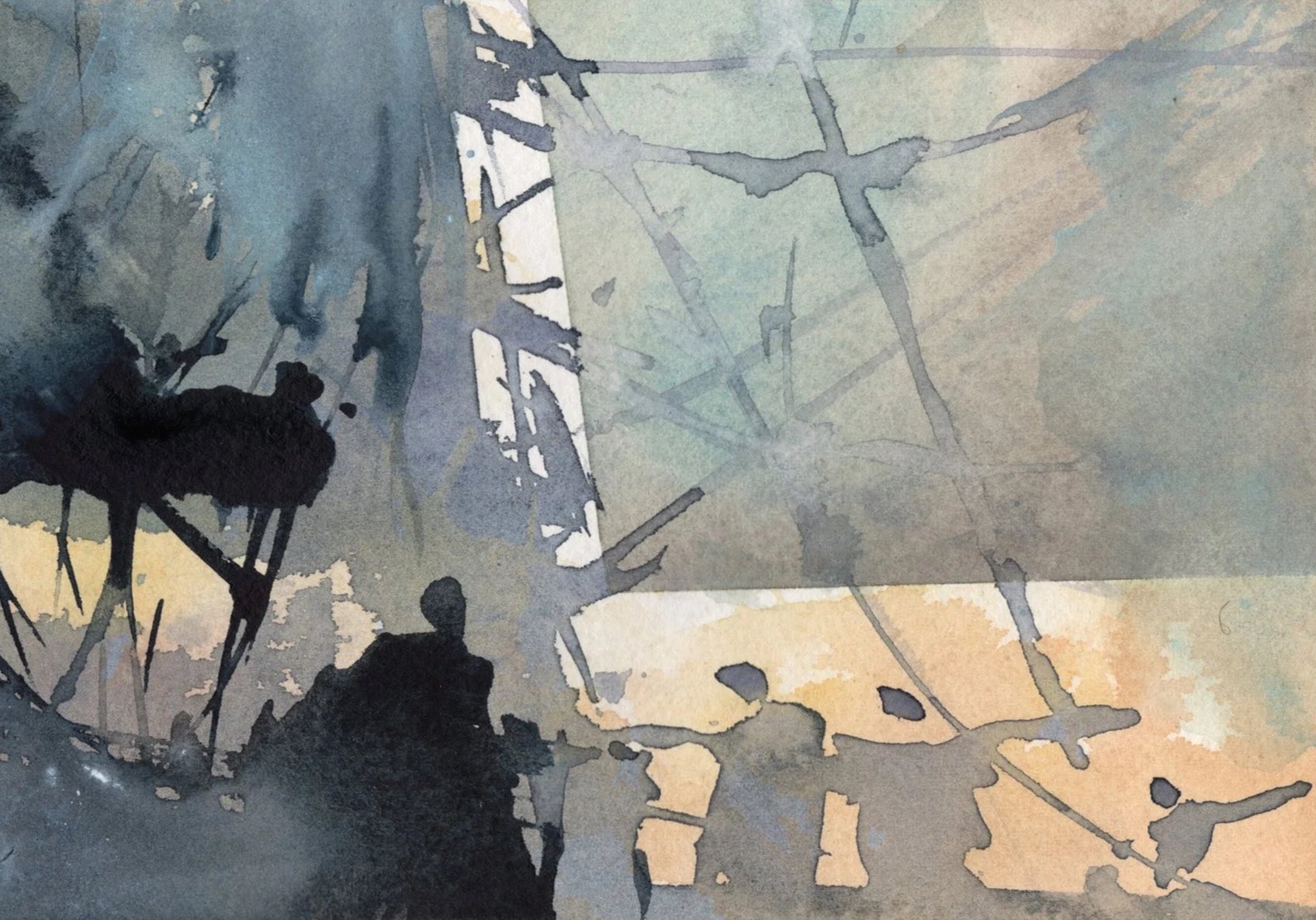 peintures abstraites avec silhouettes de personnes, couleurs sombres et esquisses de structures enrichies par des tons pastel