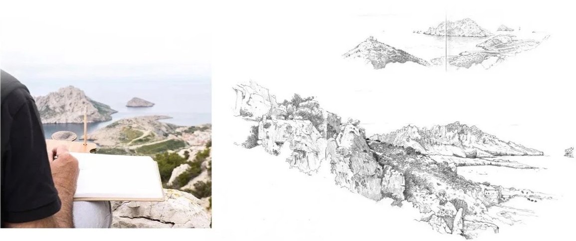Côte rocheuse avec mer au loin, vue d'une personne tenant un carnet, côté gauche d'une photo, côté droit un dessin esquissé de la même scène.