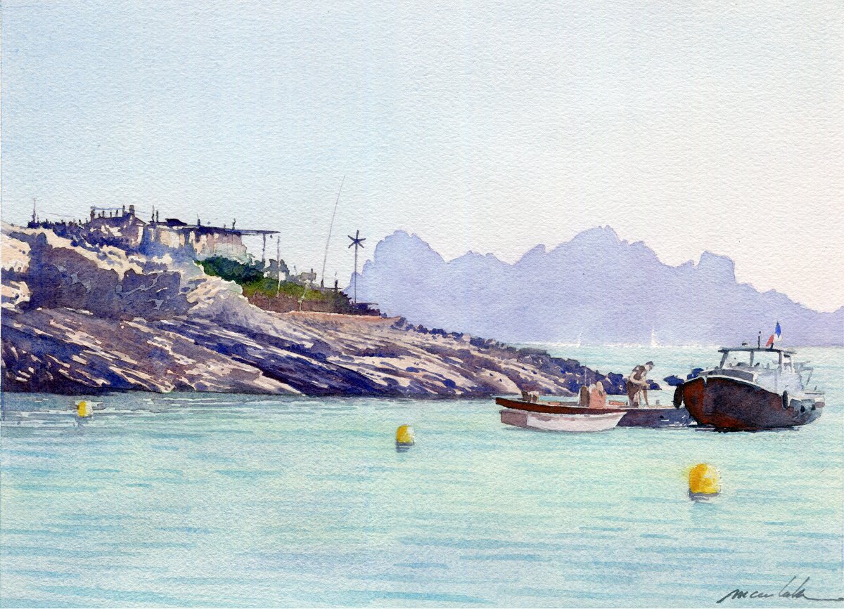 Massif des Calanques.
Le Cabanon & L'île de Riou depuis la plage de Marseilleveyre (2).

Aquarelle sur papier Arches 300g .
Format 36 * 26 cm - Avec PP 50 * 40 cm

Oeuvres originale et unique.
DISPONIBLE A LA VENTE
Avec Certificat d'authenticité