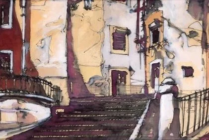 Illustration d'une vieille rue avec des escaliers, bâtiments usés, fenêtres et rampes en fer forgé.