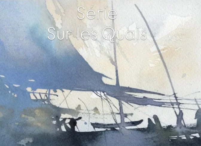 Illustration d'un bateau à voile silhouette en nuances de bleu et beige, avec le texte 'Série Sur les Quais'.