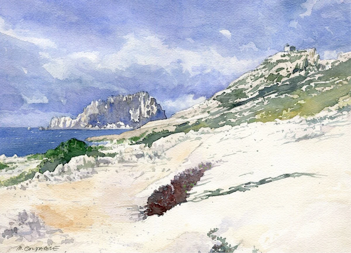 Massif des Calanques
Sur le sentier-Face à l'île Maïre

Aquarelle sur papier Arches 300g 
Format 36 * 26 cm - Avec PP 50 * 40 cm

Oeuvres originale et unique.
Vendue