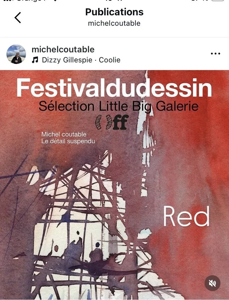 Une affiche artistique avec des formes abstraites et des couleurs rouge, blanc, bleu et noir. Texte en français mentionnant 'Festival du dessin', 'Sélection Little Big Galerie', 'Michel Coutuble', et 'Le détail suspendu'.