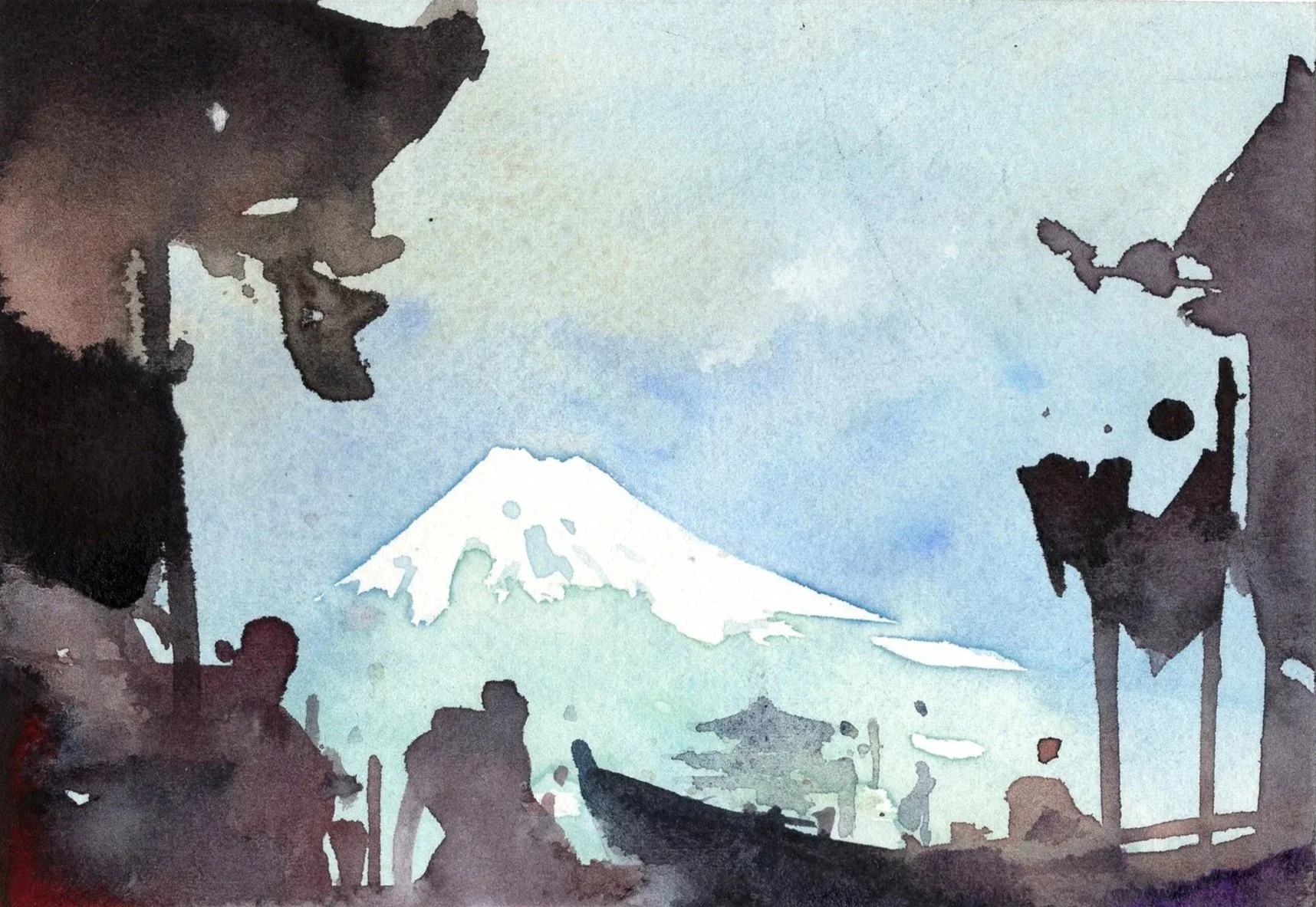 Une peinture à l'aquarelle représentant le mont Fuji avec un premier plan d'habitat sombre et un ciel clair.