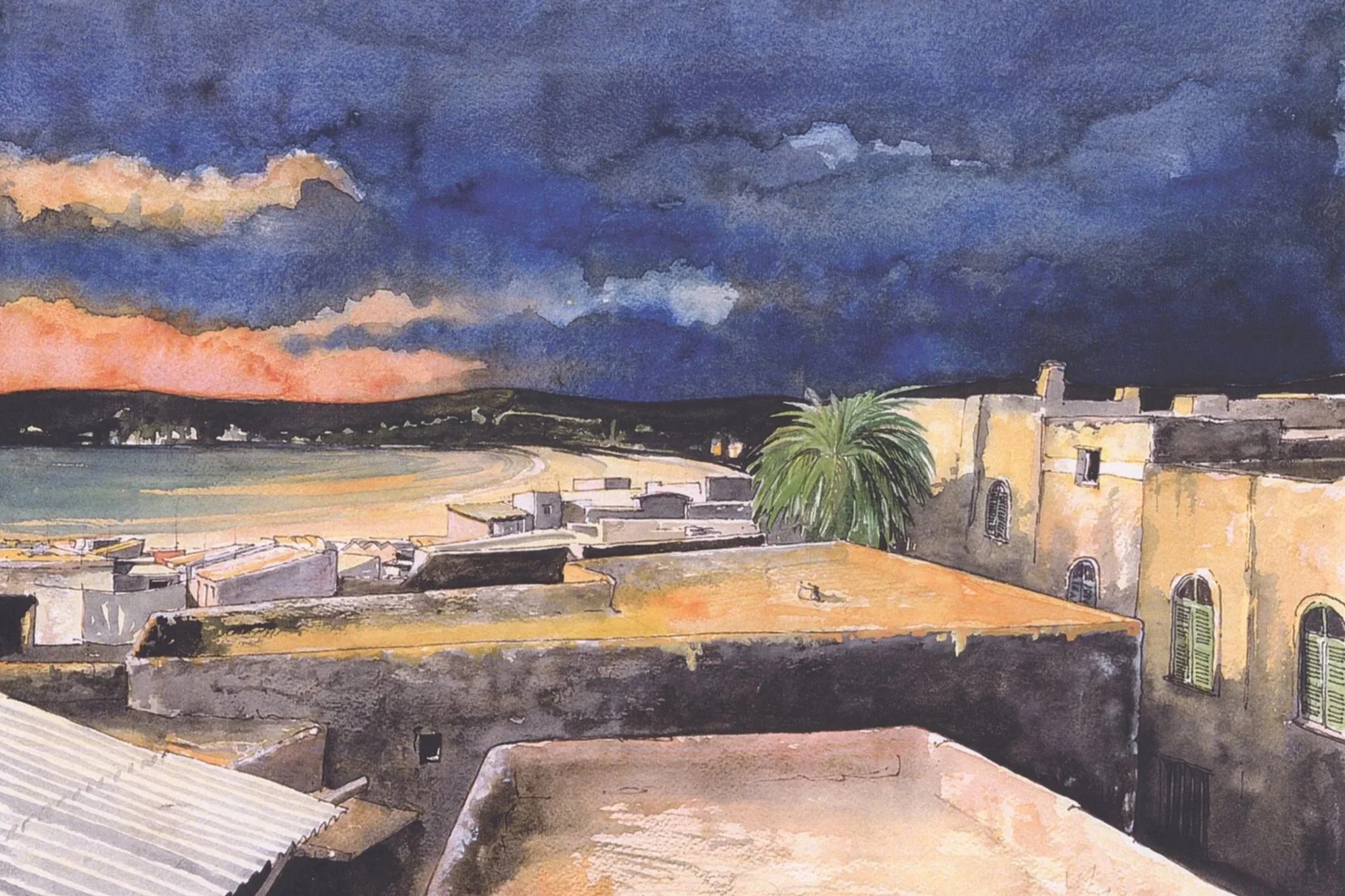 Peinture représentant un coucher de soleil sur une mer calme, avec un ciel nuageux aux couleurs rose, orange et bleu, et des bâtiments en arrière-plan avec un palmier à l'avant.