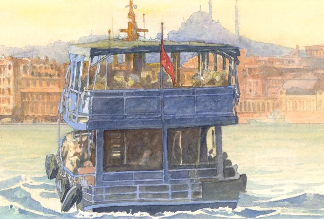 Une peinture représentant un ferry bleu naviguant sur l'eau avec des bâtiments en arrière-plan.