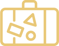 A beige suitcase with black accents and a handle.