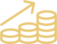 Stacked coins with an upward arrow indicating financial growth