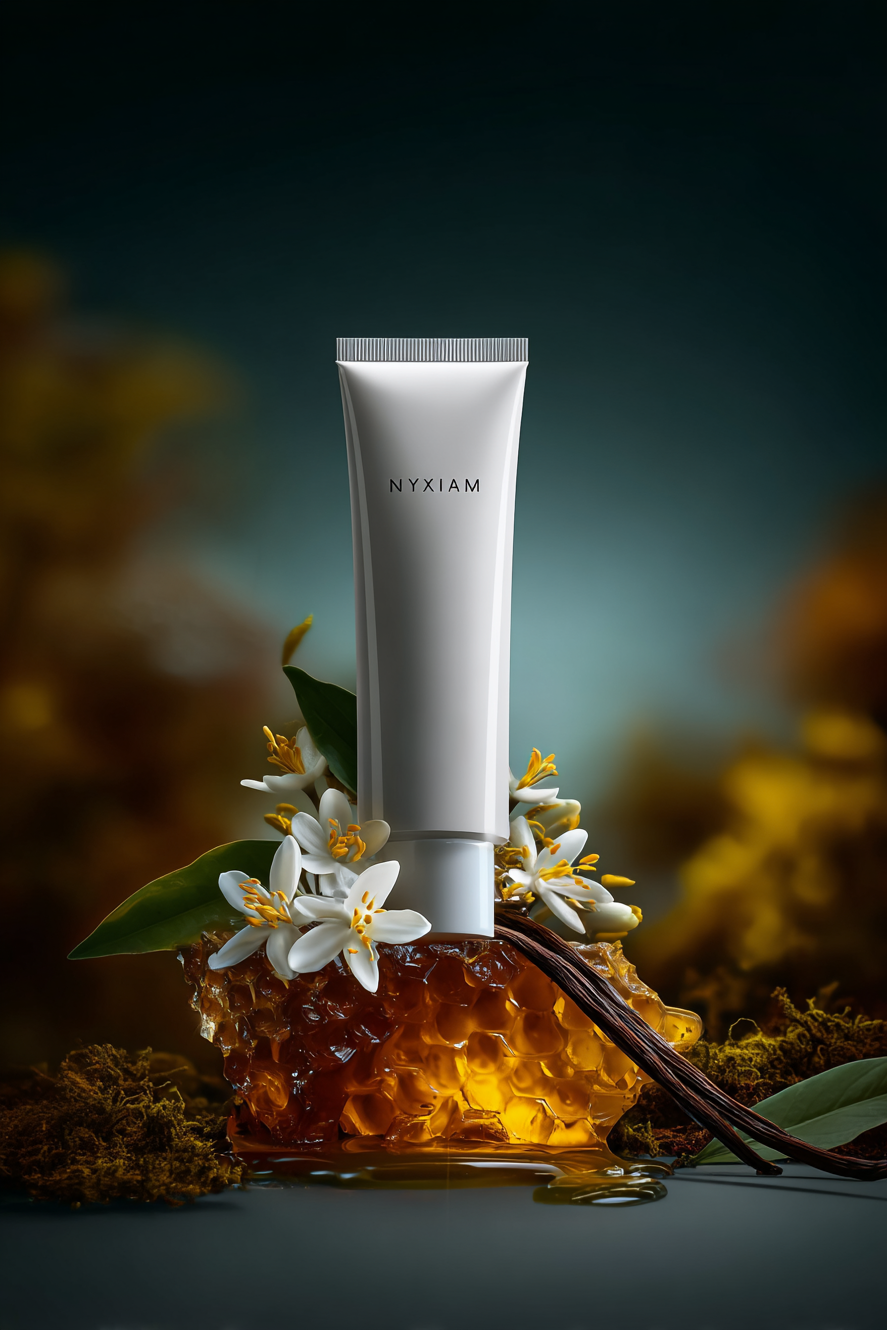 A white tube with the label 'NYXIAM' standing upright on a honeycomb structure surrounded by white flowers with yellow stamens, green leaves, and dark soil beneath, against a dark background.