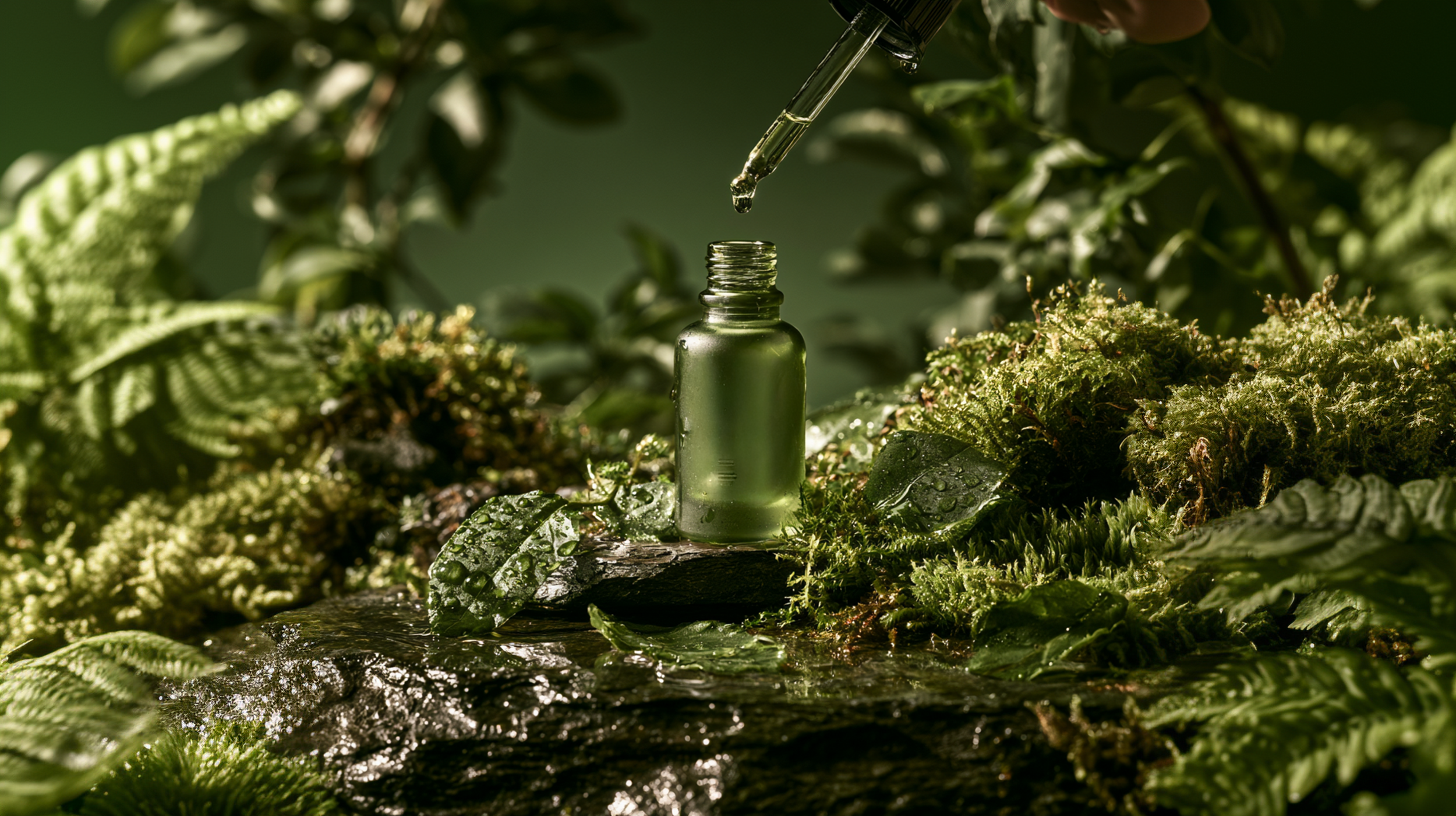 A small green glass dropper bottle surrounded by lush green plants and moss, with a drop of liquid about to fall from the dropper.