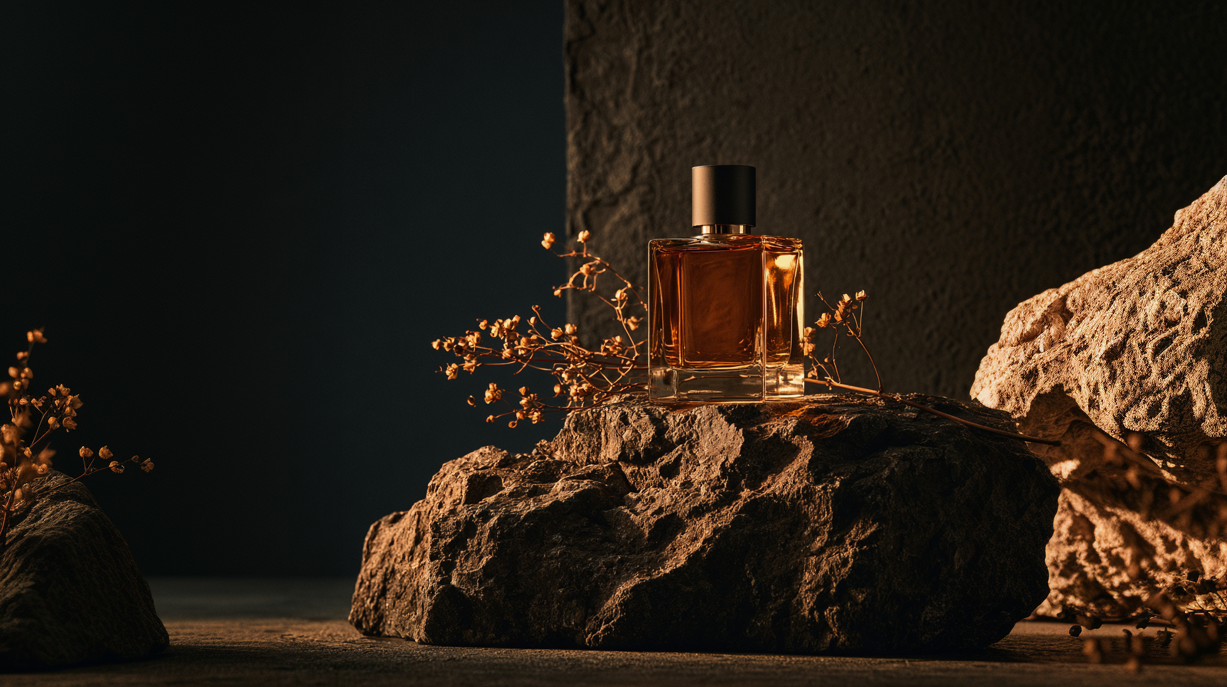 A glass bottle of perfume with amber liquid inside, placed on a rocky surface with dry plant branches around it, against a dark background with a large textured rock on the right.