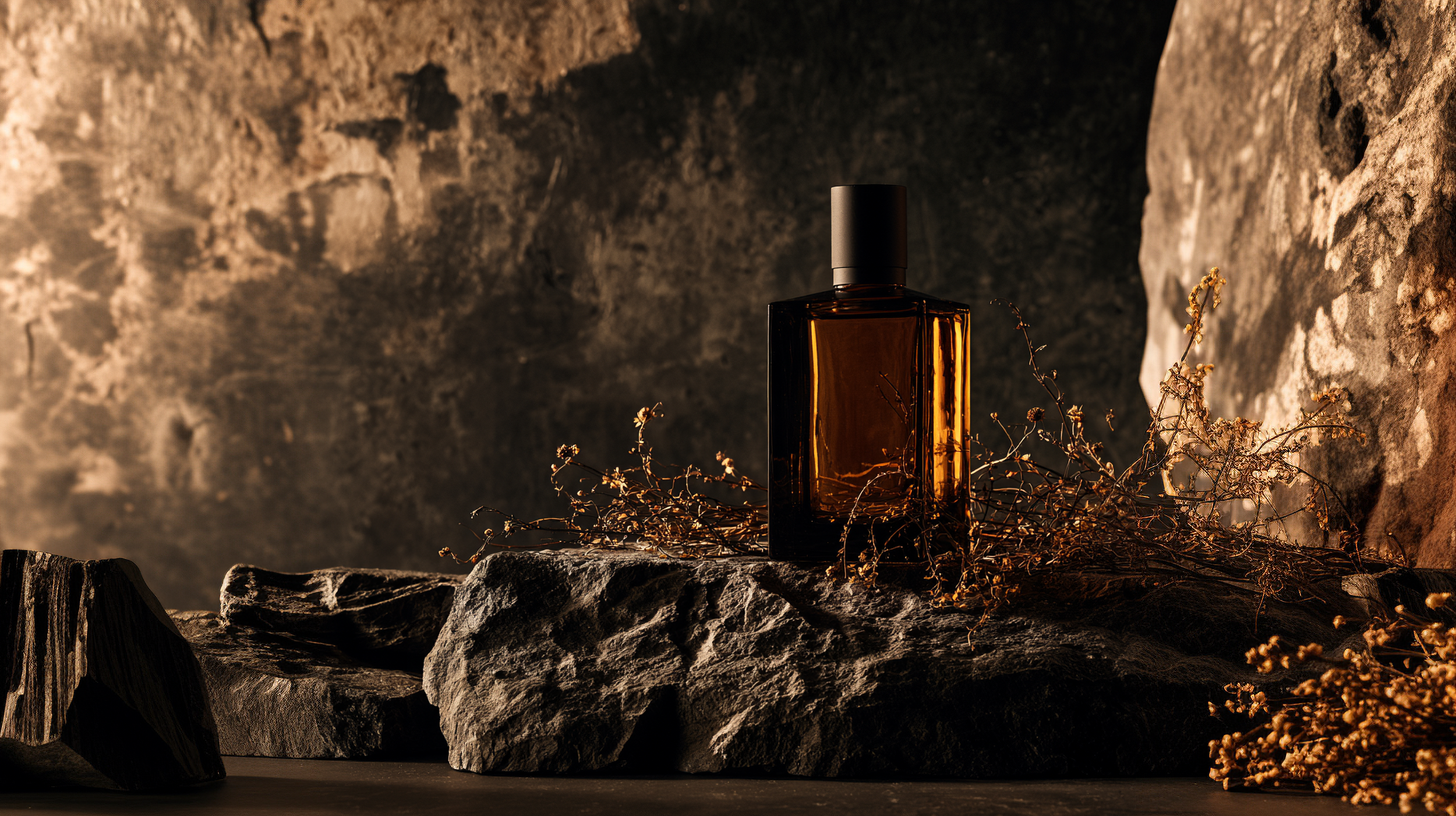 A dark amber colored perfume bottle on a rocky surface with dried branches around it, set against a textured stone wall background.