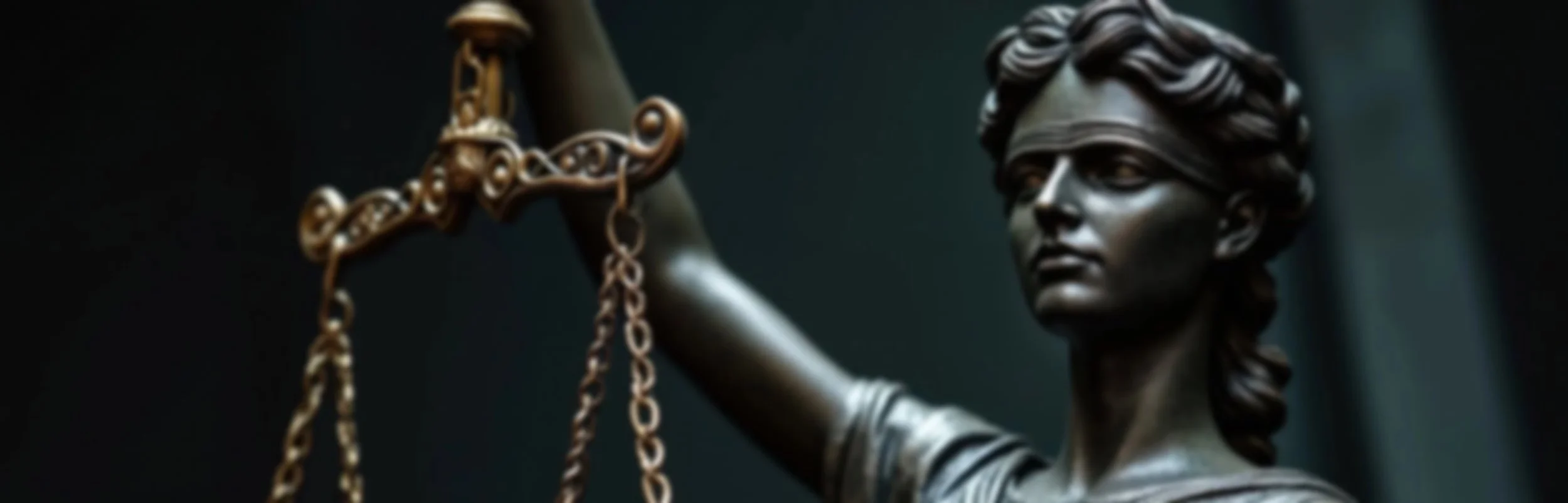 Lady justice peeks out, barely noticeably, from beneath her blindfold – leaving one to wonder whether or not this will affect the all-important scales of justice that she holds against a charcoal / dark background.
