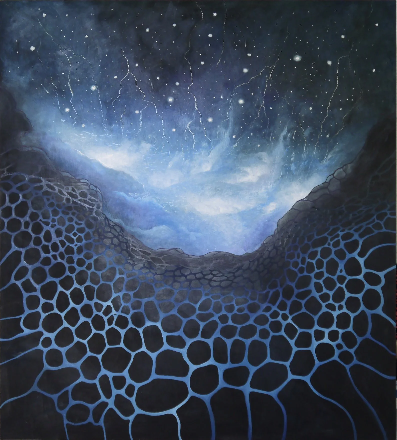 Cosmos et cellules en bleu.
Peinture à l'huile sur bois. 83 x 90 cm.
2015 (vendu)