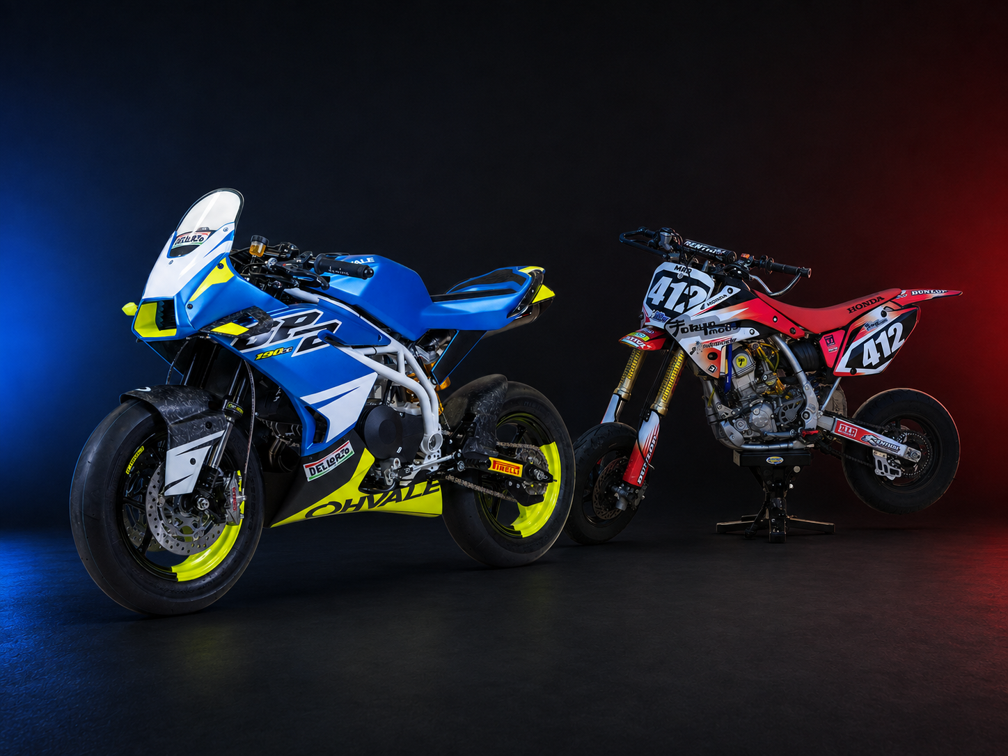 Two MiniMoto race bikes representing SoCal GP MiniMoto classes.