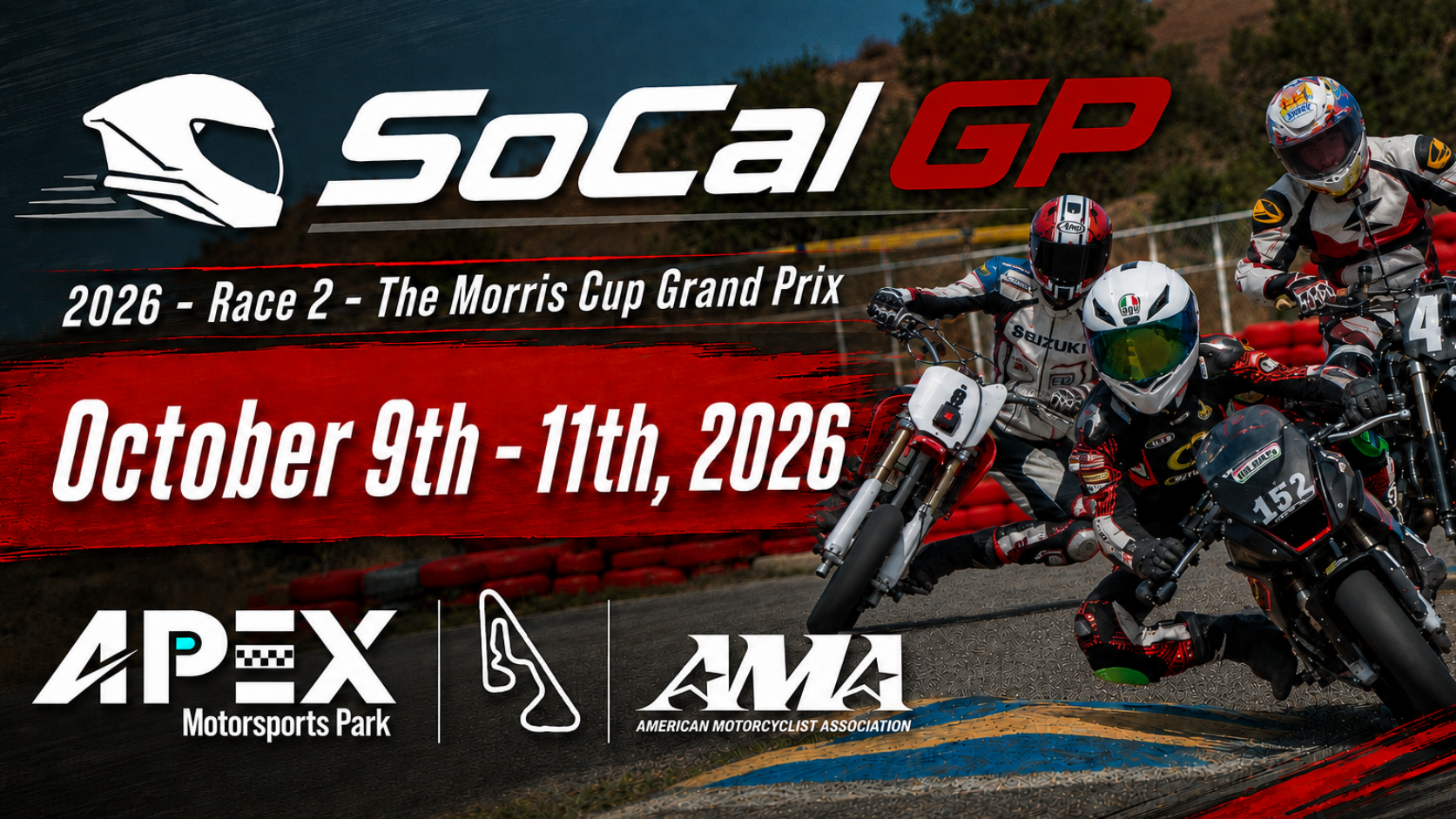 Promotional poster for the 2026 SoCal GP motorcycle race at APEX Motorsports Park, scheduled for October 9th to 11th, 2026, featuring motorcyclists racing on a track.