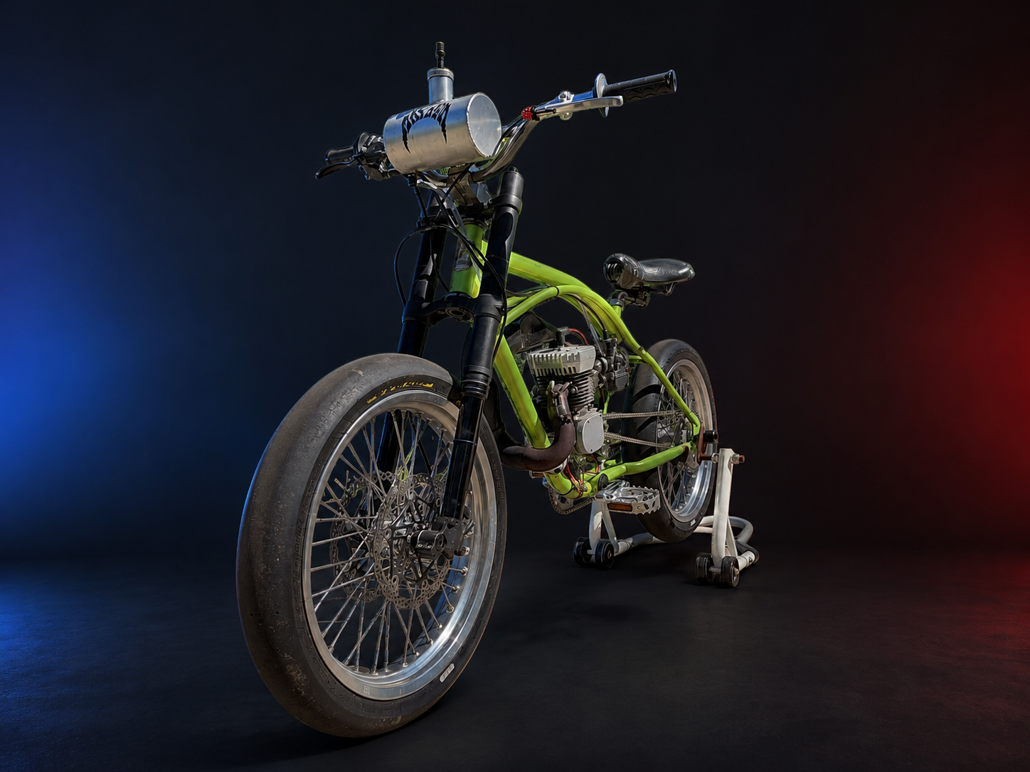 Green motorized bicycle representing SoCal GP BicycleMoto racing.