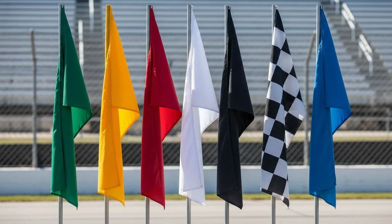 Trackside racing flags displayed beside a motorsports circuit.