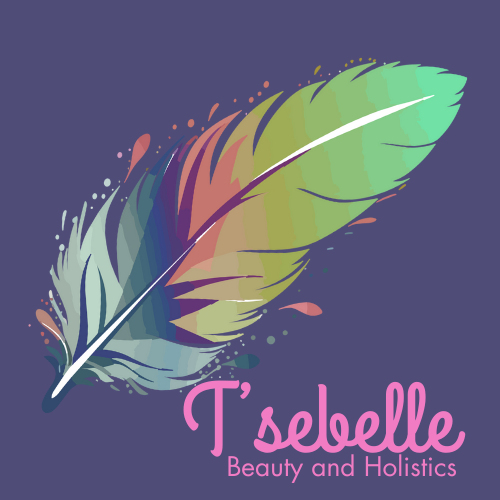 Colorful feather logo with the text 'T'sebelle Beauty and Holistics' on purple background.