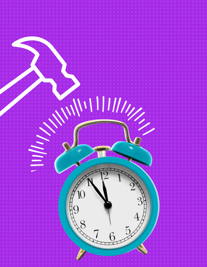 A blue alarm clock showing 11:55 with a purple dotted background, and a stylized white outline of a hammer in the top left corner.
