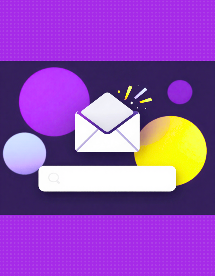 A digital illustration of an email inbox with an open envelope icon above a search bar, with colorful circles in purple, yellow, and white on a dark background.